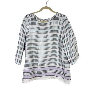 J Jill Love Linen Striped 3/4 Sleeve Button Back Top White Lagenlook Beachy XL